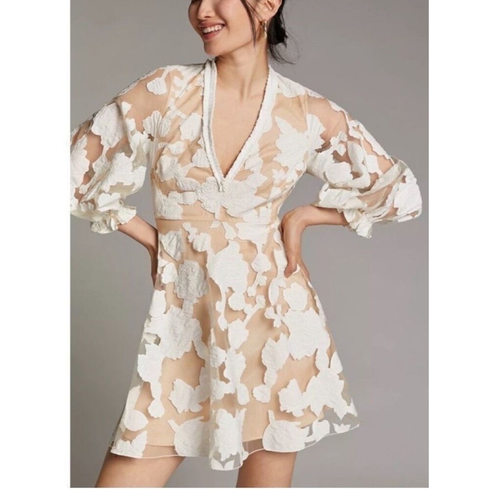 Anthropologie Geisha Designs Loren Appliqué Tulle Mini Dress Ivory Size 10 Boho